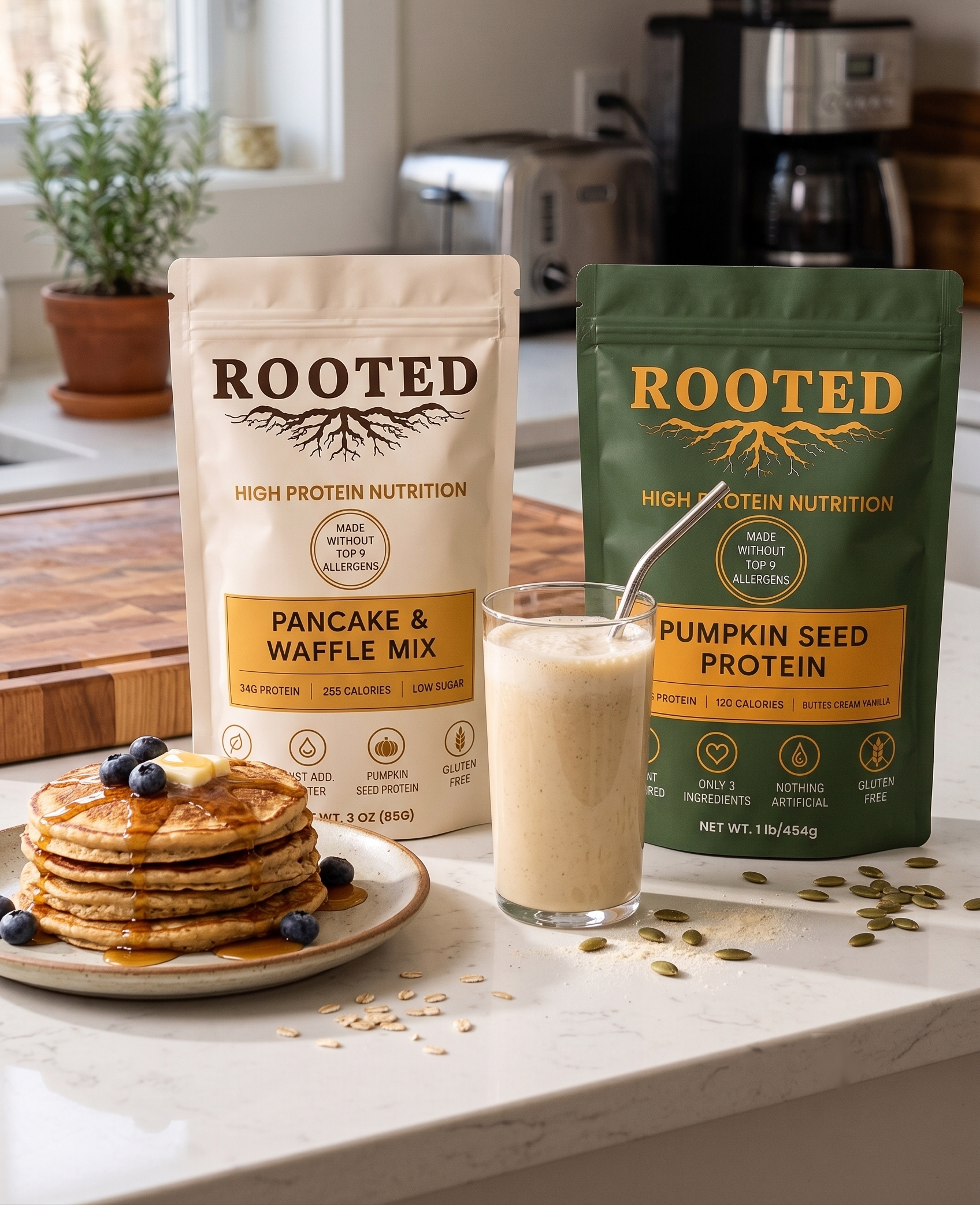 Rooted Pancake & Waffle Mix and Pumpkin Seed Protein with pancakes and a smoothie