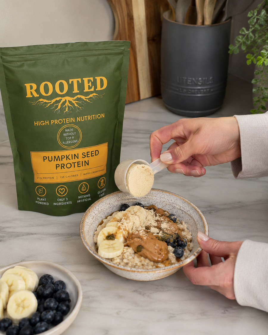 High protein breakfast without eggs dairy or gluten — Rooted Pumpkin Seed Protein oats bowl