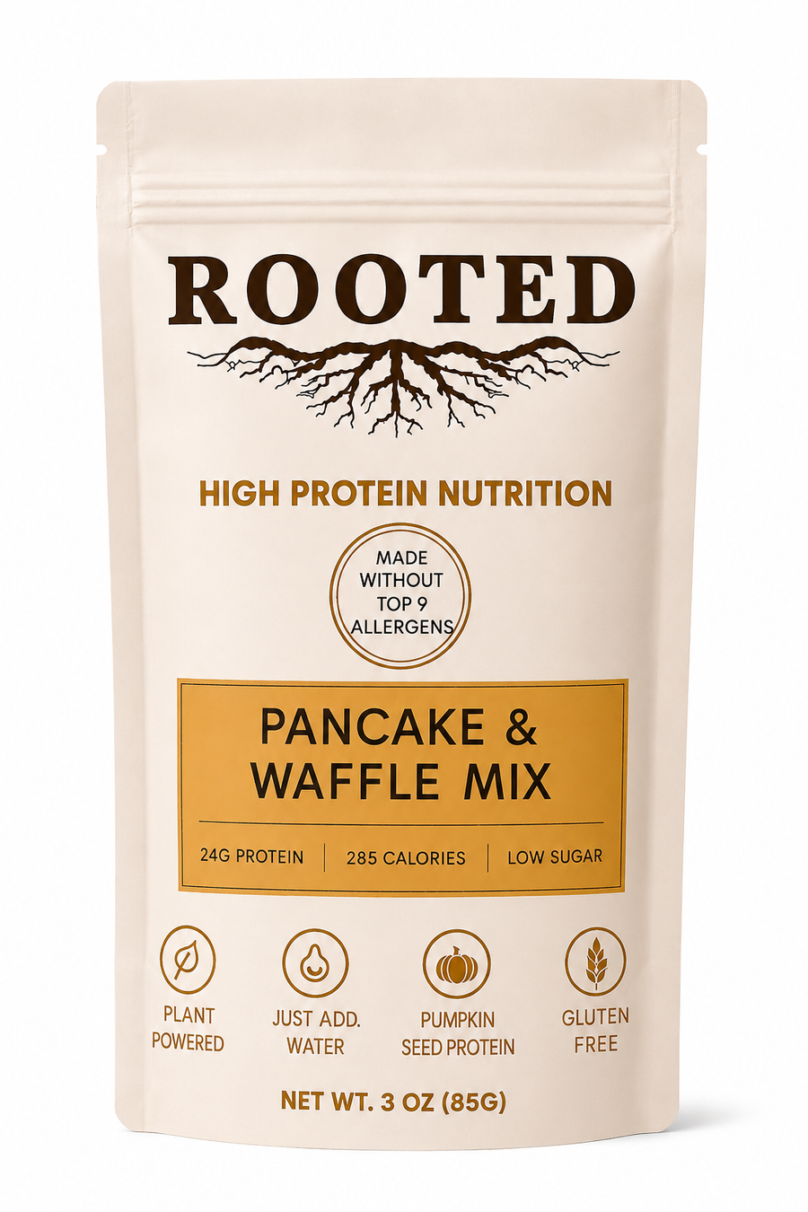 Rooted pancake and waffle mix front label