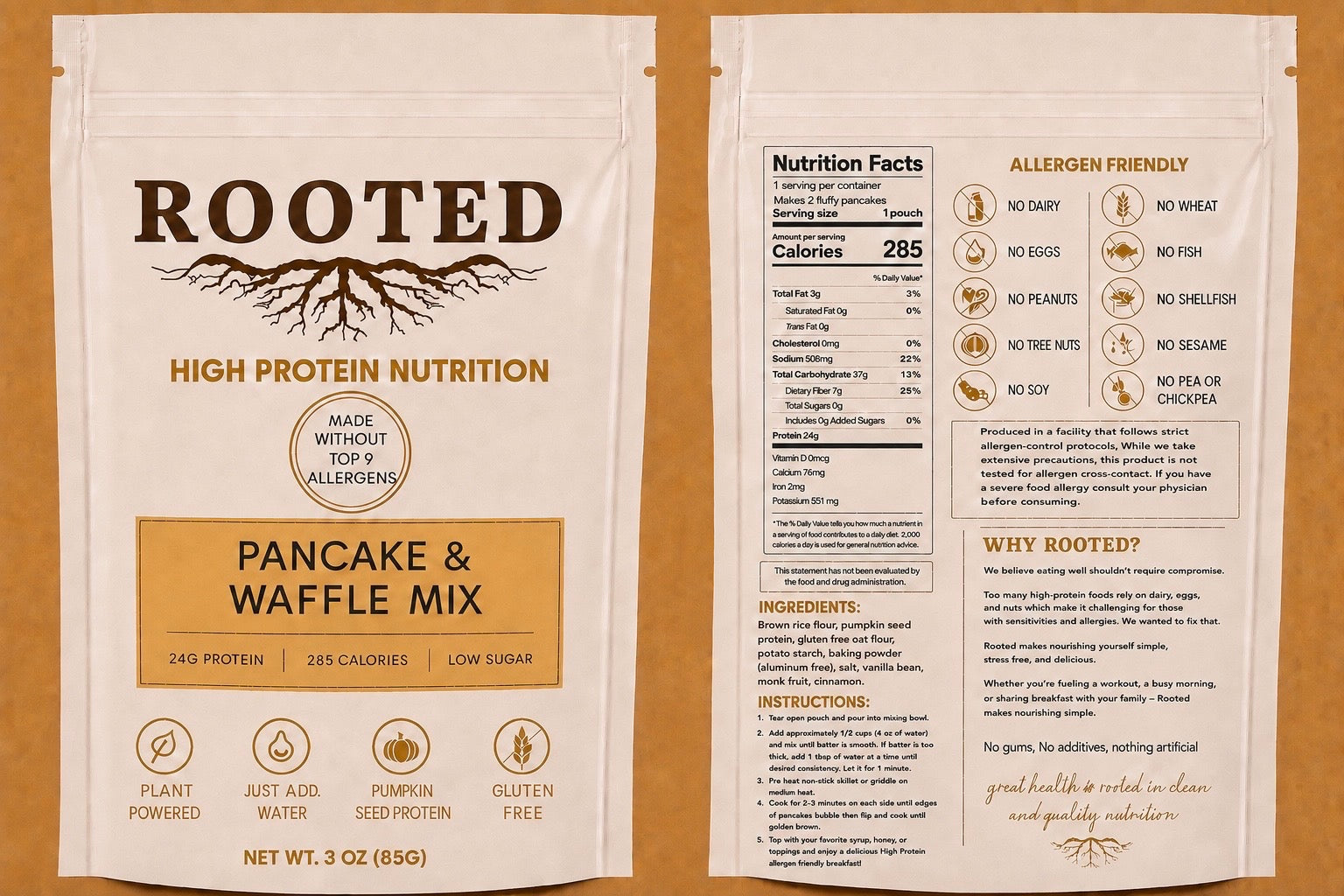 Rooted High Protein Pancake & Waffle Mix packaging