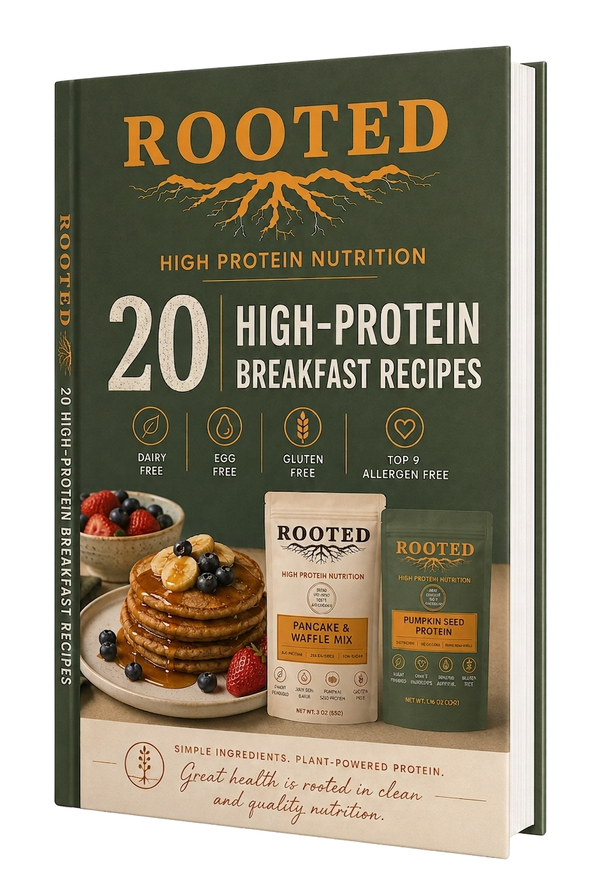 Rooted 20 High-Protein Breakfast Recipes ebook cover with pancakes and Rooted protein products