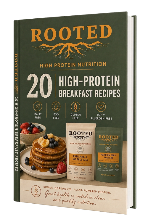 Rooted 20 High-Protein Breakfast Recipes ebook cover with pancakes and Rooted protein products